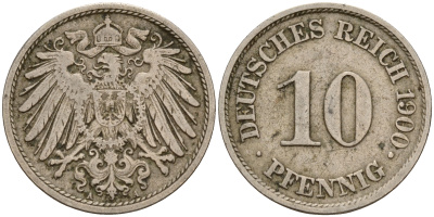 Германия 10 пфеннигов 1900 A J. 13,  KM 12 медно-никель    4603-556