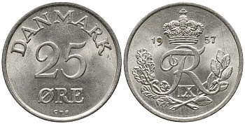 ДАНИЯ 25 ЭРЕ 1957 С; S, ФРЕДЕРИК IX (1947-1972) KM 842.2 медно-никель 34-1145