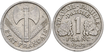 Франция 1 франк 1942 правительство Виши KM 902.1, Le Franc алюминий 4126-642