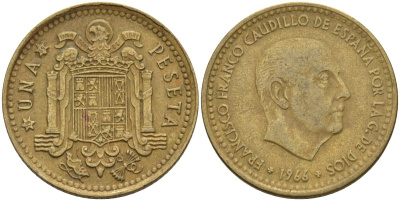 Испания 1 песета 1966 (69) Франсиско Франко (1939-1975) KM 796 алюминиевая бронза 4604-116