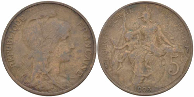 ФРАНЦИЯ 5 САНТИМОВ 1903 ТИП ДАНИЭЛЬ ДЮПЮИ KM 842, LE FRANC 119.13 бронза 108-842