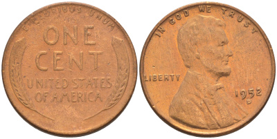 США 1 ЦЕНТ 1952 D ЛИНКОЛЬН KM А132 медь цинк 187-1135