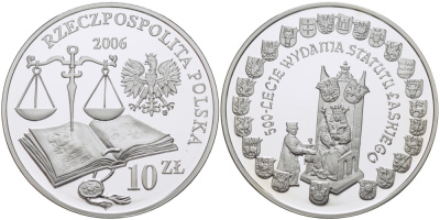 Польша 10 злотых 2006 MW, 500 лет провозглашения статута Яна Лаского, весы, свод польских законов KM 890 серебро PROOF 1087-7-23