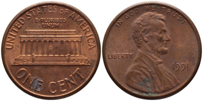 США 1 ЦЕНТ 1991 ЛИНКОЛЬН KM 201b цинк плакированный медью 66-1039