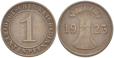 ГЕРМАНИЯ 1 РЕНТЕНПФЕННИГ 1923 F KM 30, J. 306 бронза 66-768