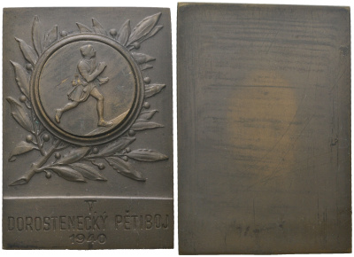 Чехословакия плакета 1940 V соревнований по юниорскому пятиборью, 65,86 гр.,размеры 59,5×42,1 мм.  бронза    1068-9-43