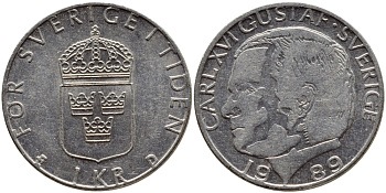 Швеция 1 крона 1989 Карл XVI Густав (1973- ) KM 852a медно-никель 4397-1245