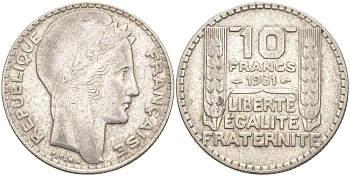 Франция 10 франков 1931 Пьер Тюрен KM 878, Le Franc 360.4 серебро 4111-111