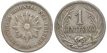 Уругвай 1 сентесимо 1924 KM 19 медно-никель 4594-163