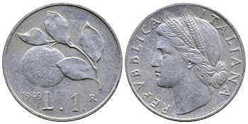ИТАЛИЯ 1 ЛИРА 1949 R, АПЕЛЬСИН KM 87 алюминий 51-512