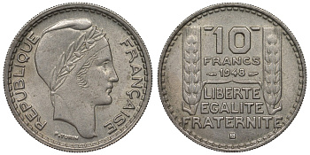 Франция 10 франков 1948 В, тип Пьер Турин KM 909.2, Le Franc 362.4 медно-никель 4123-544