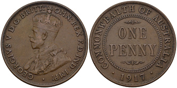 АВСТРАЛИЯ 1 ПЕННИ 1917 ГЕОРГ V KM 23 бронза 82-646
