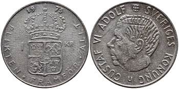 Швеция 1 крона 1973 Густав VI Адольф (1950-1973) KM 826а медь плакированная медно-никелем 4395-622