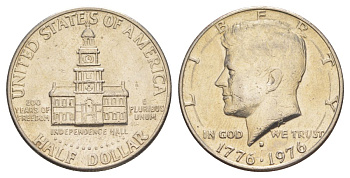 США 1/2 доллара (50 центов) 1976 D, 200 лет независимости, Джон Кеннеди KM 205 медь плакированная медно-никелем aUNC 4545-1122