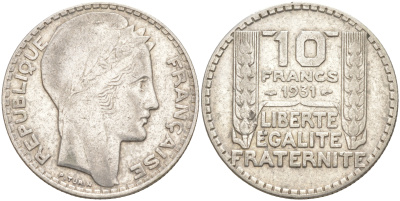 Франция 10 франков 1931 Пьер Тюрен KM 878, Le Franc 360.4 серебро 4111-111