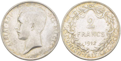 Бельгия 2 франка 1912 Альберт I (1909-1934), BELGES KM 74 серебро 00-00