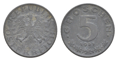 Австрия 5 грошей 1951 KM 2875 цинк 4567-152