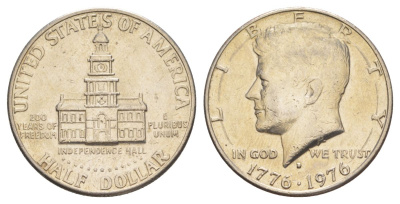 США 1/2 доллара (50 центов) 1976 D, 200 лет независимости, Джон Кеннеди KM 205 медь плакированная медно-никелем aUNC 4545-1122