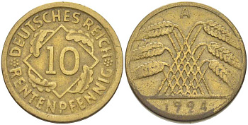 ГЕРМАНИЯ 10 РЕНТЕНПФЕННИГОВ 1924 A KM 33, J.309, Weege 8 алюминиевая бронза 202-242