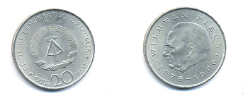 ГДР 20 марок 1972 А, Вильгельм Пик (1876-1960) KM 42 медно-никель 3333-343