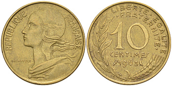 Франция 10 сантимов 1963 ТИП MARIANNE KM 929, le Frank 144.3 медь алюминий никель 100-839