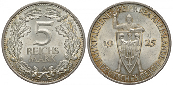 Германия 5 марок 1925 A, 1000 летие Рейнланда Weege 25, J. 322, KM 46 серебро 00-811-58