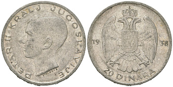 Югославия 20 динаров 1938 Петр II (1934-1945) KM 23 серебро 4182-414