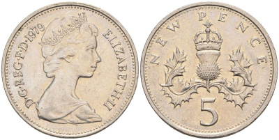 Великобритания 5 пенсов 1979 Елизавета II (1952-2022) KM 911, Spink 4233 (D1) медно-никель 4116-813