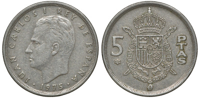 Испания 5 песет 1975 (78) Хуан Карлос I (1975-2014) KM 807 медно-никель 72-1443