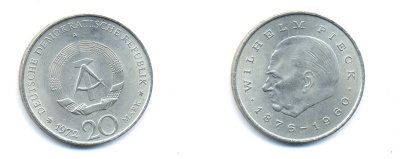 ГДР 20 марок 1972 А, Вильгельм Пик (1876-1960) KM 42 медно-никель 3333-343