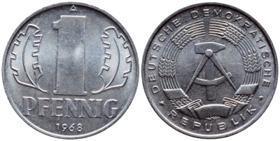 ГДР 1 ПФЕННИГ 1968 А KM 8.1 алюминий UNC 4398-747
