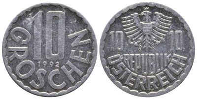 АВСТРИЯ 10 ГРОШЕЙ 1992 KM 2878 алюминий 53-613