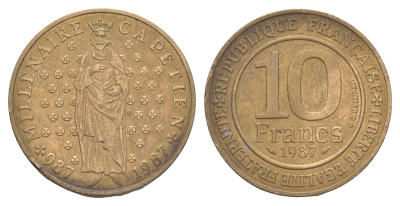 Франция 10 франков 1987 Тысячелетие династии Капетингов KM 961 никель латунь 4543-827
