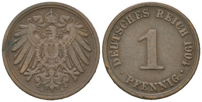 Германия 1 пфенниг 1904 A, Вильгельм II (1888-1918) KM 10, J. 10, Weege 2 медь 4615-219