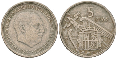 Испания 5 песет 1957 (68) Франсиско Франко (1939-1975) KM 786 медно-никель 4616-1141