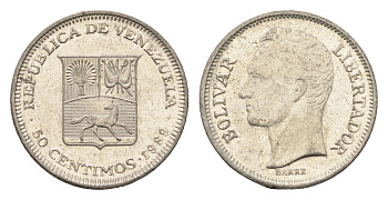 Венесуэла 50 сентимо 1989 Симон Боливар Y 41a сталь плакированная никелем 4664-224