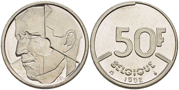 БЕЛЬГИЯ 50 ФРАНКОВ 1992 BELGIQUE, БОДУЭН I (1951-1993) KM 168 никель 210-953