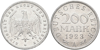 Германия 200 марок 1923 A KM 35, J. 304, Weege 22 алюминий UNC 4586-256