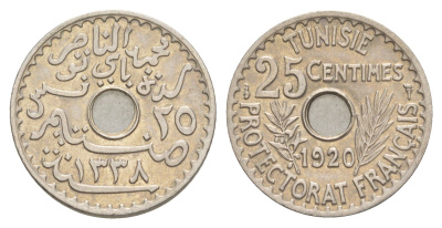 Тунис 25 сантимов 1920 A KM 244 никель латунь UNC 1526-412