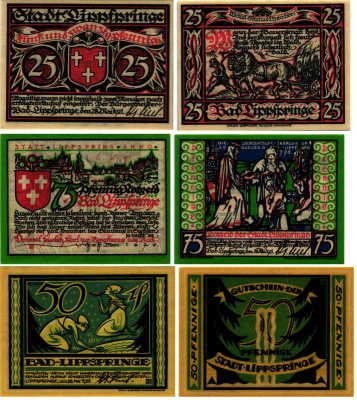 БАД-ЛИПШПРИНГЕ НАБОР ИЗ 3 БАНКНОТ (25, 50, 75 ПФЕННИГОВ) 1921 28 МАЯ 1921, НОТГЕЛЬД, ЗЕМЛЯ СЕВЕРНЫЙ РЕЙН-ВЕСТФАЛИЯ Keller 805.1 бумага 6318-12-2-1