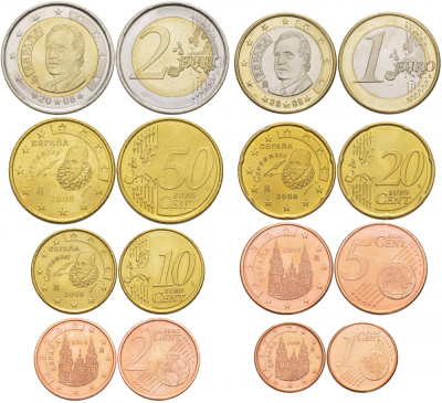 Испания евронабор из 8 монет 2008 1, 2, 5, 10, 20, 50 евроцентов, 1 и 2 евро KM 1040, 1041, 1042, 1070, 1071, 1072, 1073, 1074 N6-10