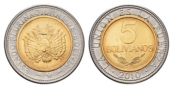 Боливия 5 боливиано 2010 KM 219 биметалл UNC 4622-1241