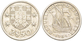 Португалия 2,5 эскудо 1984 парусник KM 590 медно-никель 4513-1157