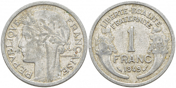 ФРАНЦИЯ 1 ФРАНК 1949 ТИП MORLON, LEGERE KM 885a 1, LE FRANC 221.15 алюминий 4523-155