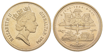 Гибралтар 5 фунтов 1994 50 лет Битве за Нормандию, тираж 5.000 экземпляров KM 309 вирениум BU 413-2933