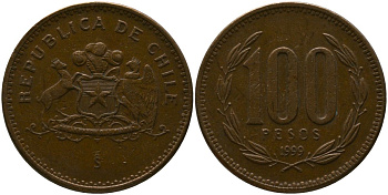 Чили 100 песо 1999 So KM 226.2, Schon 71 алюминиевая бронза 4388-212