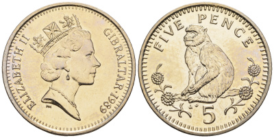 Гибралтар 5 пенсов 1989 АВ обезьяна KM 22 медно-никель UNC 87-551