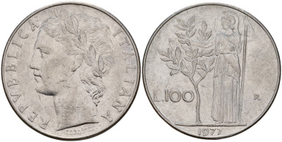 Италия 100 лир 1977 R, Афина у оливкого дерева KM 96.1 нержавеющая сталь 4149-1222