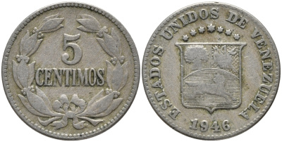 Венесуэла 5 сентимо 1946 KM 29а медно-никель 220-417