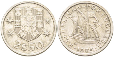 Португалия 2,5 эскудо 1984 парусник KM 590 медно-никель 4513-1157